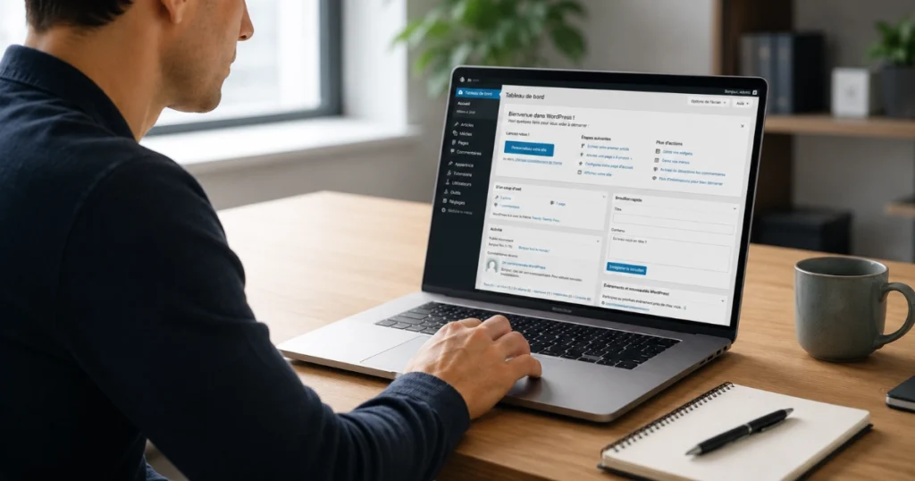 Utilisateur en train de gérer le contenu de son site web depuis l'interface d'administration WordPress, illustrant l'utilité d'un CMS pour modifier facilement un site sans coder.