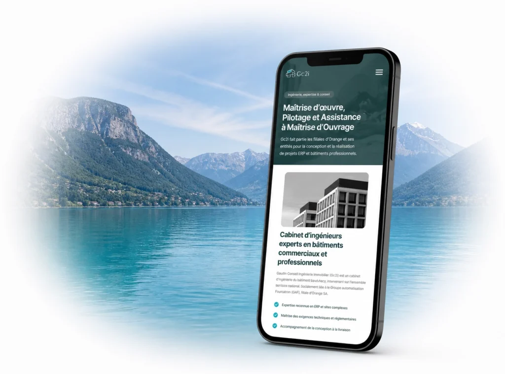Aperçu d’un site web WordPress sur smartphone avec paysage du lac d’Annecy en arrière-plan.