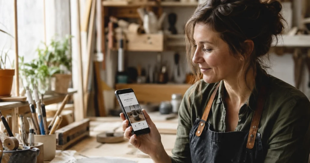 Artisane consultant le site web de son entreprise sur smartphone dans son atelier